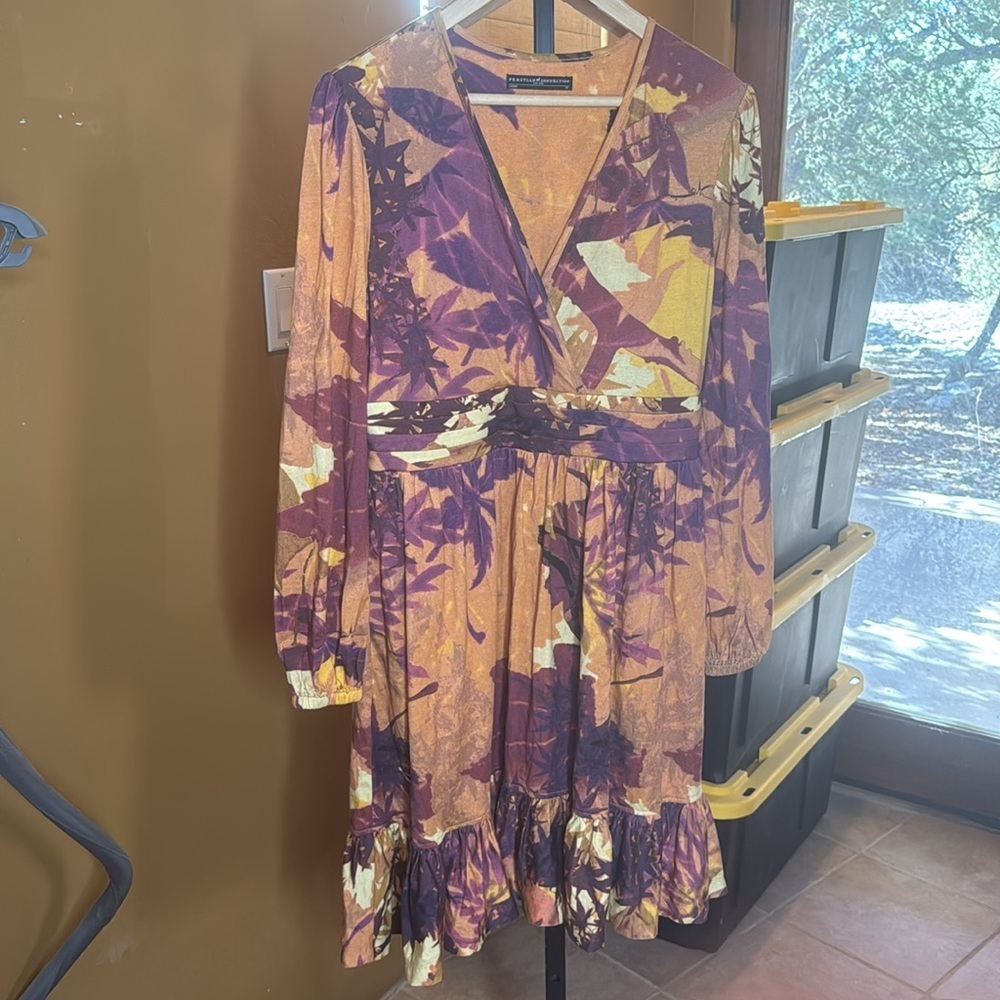 Peruvian Connection Palm Print Jersey Dress Medium Boho Wrap Style Orange Purple - Picture 3 of 9